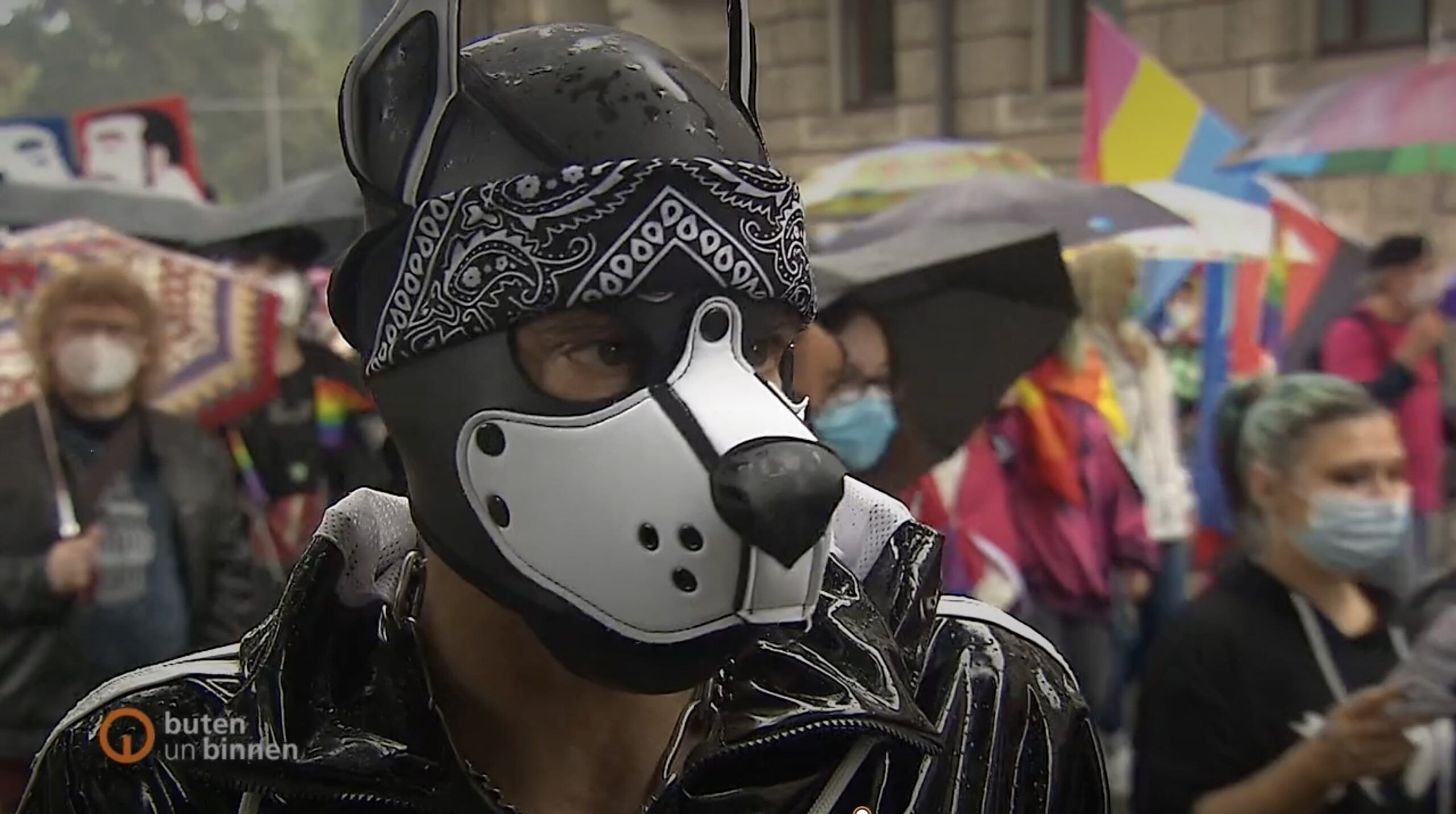Eine Person mit Hundemaske bei einer Parade.