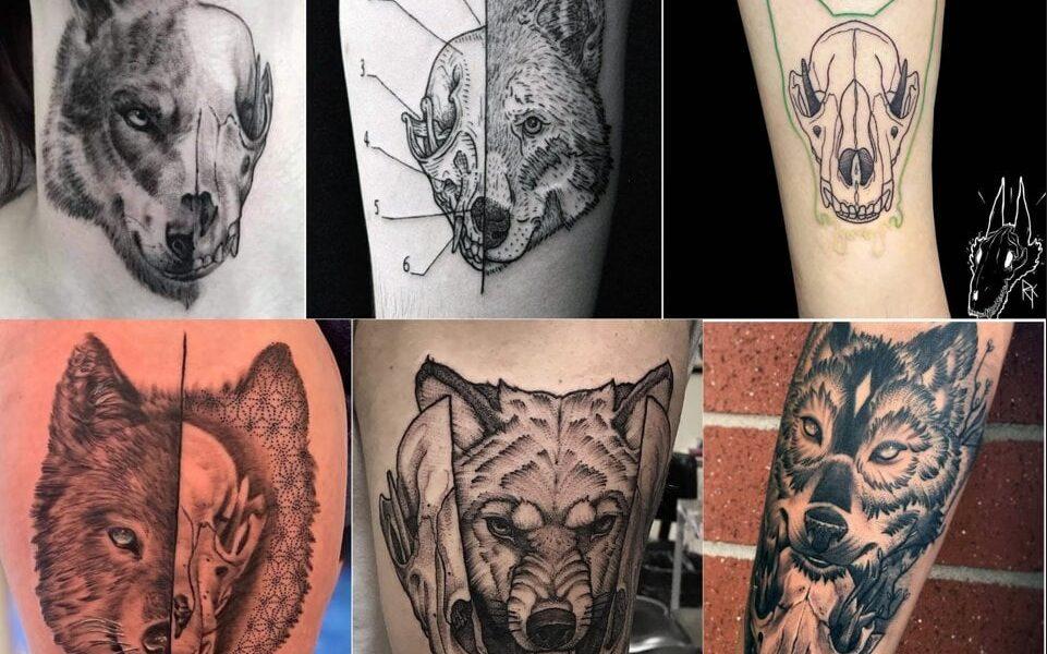 Schwarze und graue Wolf-Tattoos.